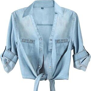 AMEBELLE Women's Roll Up 3/4 Sleeve Tie Front Knot Shirt Chambray Denim Crop Top